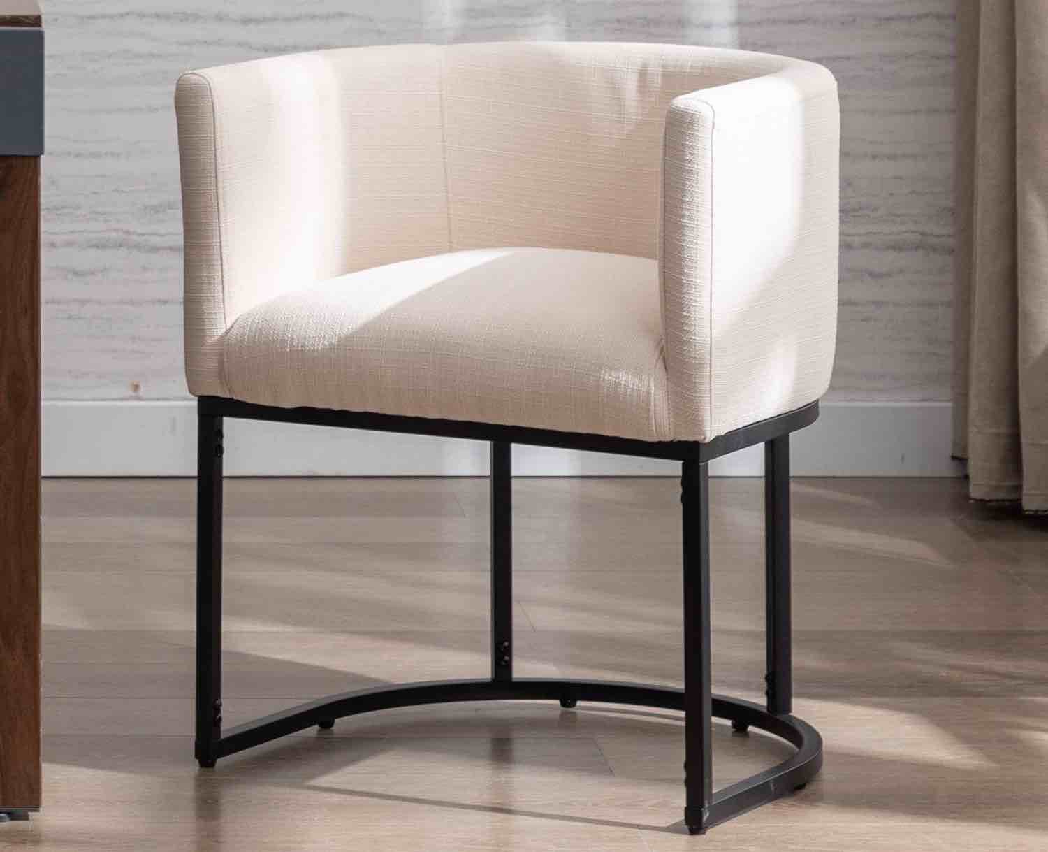 VESCASA Linen Upholstered Dining Chair with Barrel Back, Mid Century Modern Restaurant Padded Chair with Black Metal Frame for Kitchen, Dining Room, 1PK, Cream