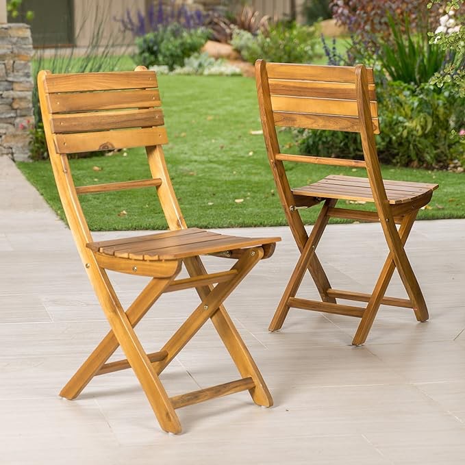 Home Positano Outdoor Acacia Wood Foldable Dining Chairs, 2-Pcs Set, Natural Stained