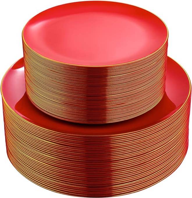 PULOTE 100PCS Red Plastic Plates - Heavy Duty Red Plates Disposable - Red Disposable Plates Include 50PCS Red Dinner Plates 10.25inch,50PCS Red Dessert Plates 7.5inch for Party&Christmas