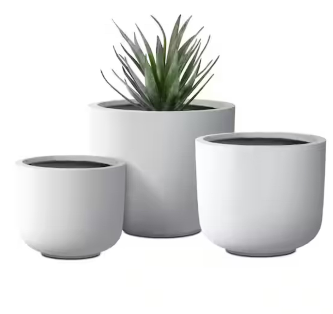 KANTE Round Pure White Lightweight Concrete & Fiberglass Indoor Outdoor Weather Resistant Planter w/Drainage Holes (Set of 3)