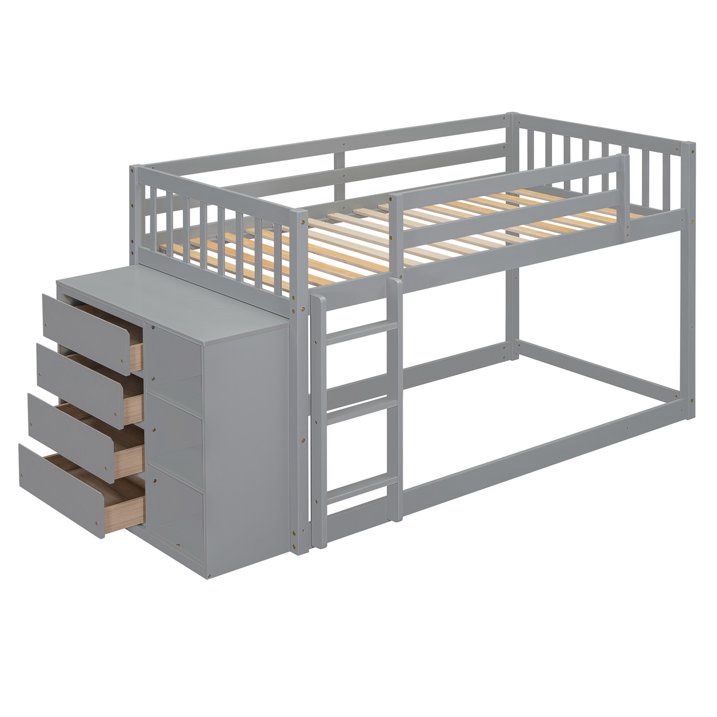 Twin over Twin Solid Wood Bunk Bed with High Guardrail, Low Platform Bunk Bed Frame with Storage Cabinet, Easy Assembly, Gray