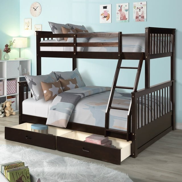 Twin over Full Bunk Bed with Ladders and Two Storage Drawers,Espresso
