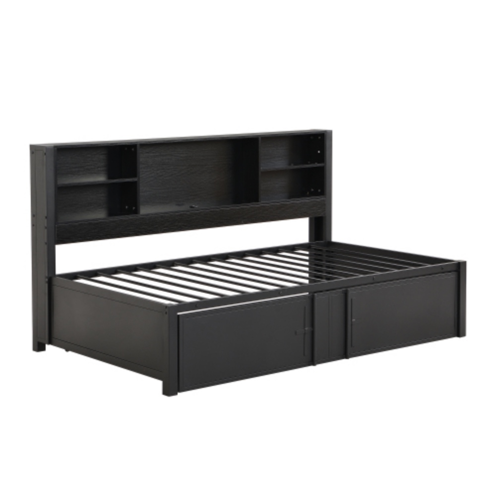 Twin Size Daybed with Twin Size Trundle, Storage Shelves and USB Ports, Black