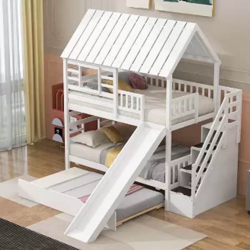 Twin over Twin House Bunk Bed with Trundle and Slide, Storage Staircase, Roof and Window Design, White