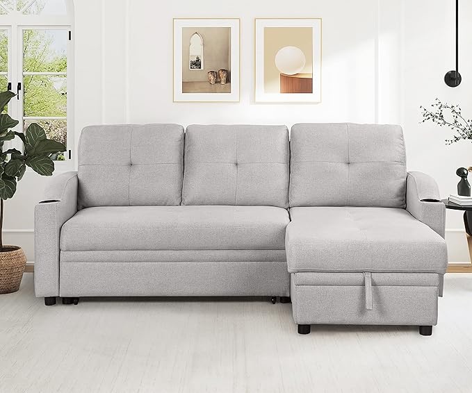 Pull Out Sofa Bed with Storage Chaise and Cup Holder, Modern Padded Upholstered Sofa Bed Reversible Sleeper Sectional Sofa, Linen Fabric 3 Seater Couch for Small Spaces (Gray with Storage Chaise)