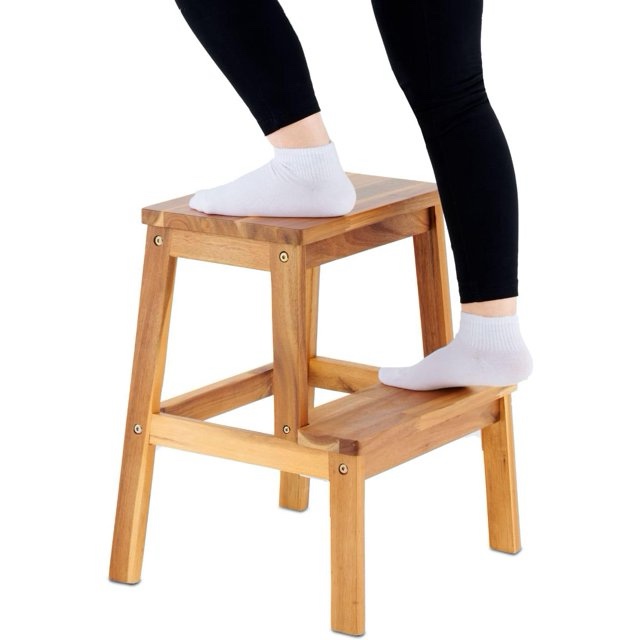 Acacia Wood 2-Step Ladder Stool, Small Rectangle Top, Ideal for Kitchen, Living Room, Sofa End Table, Bedroom Sub-Stool