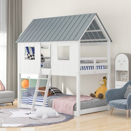 TWIN OVER TWIN SIZE LOW BUNK BEDS WITH ROOF AND FENCE-SHAPED GUARDRAIL