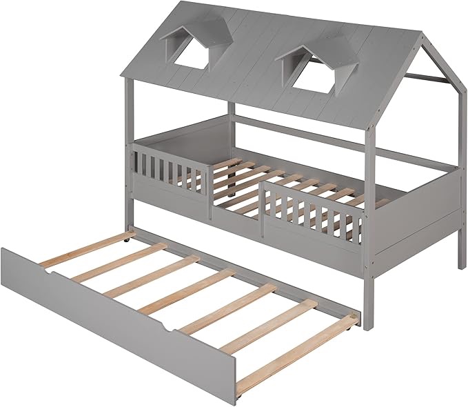 Full House Bed with Twin Size Trundle, Wood Full Daybed with Trundle and Roof, Playhouse Full Bedroom Bed, Montessori Bed, House Full Trundle Bed Compatible with Bedroom Toddlers Teens No Box Spring