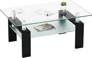 Modern Rectangle Glass Coffee Table - Stylish Living Room Center Table with Double Layer Storage
