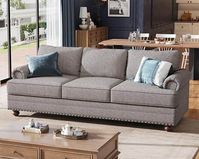 3 seater sofa with rolled arms and nailhead trim, modern sofa for living room, grey linen sofa
