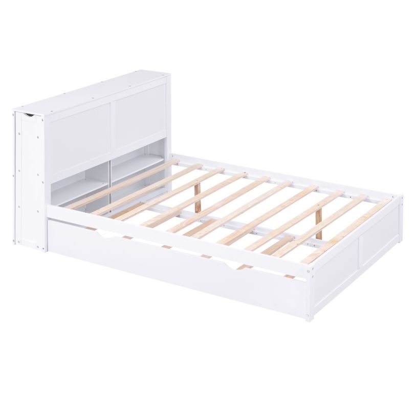 Full Storage Platform Bed w/ Pull Out Shelves & Twin Trundle