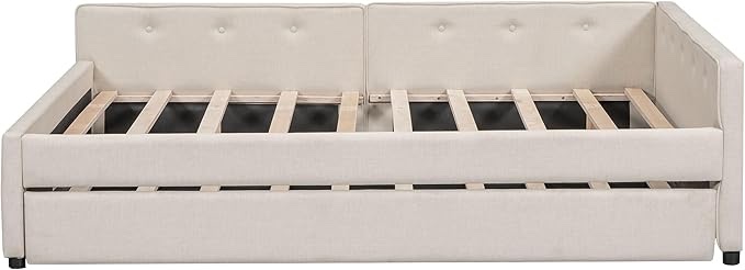 Upholstered Full Size Platform Bed Trundle Bed, Beige
