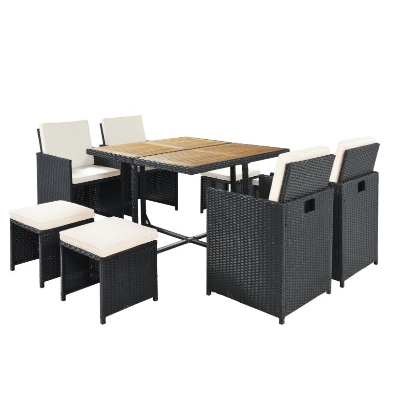 9Pc All-Weather PE Wicker Dining Table Set w/ Wood Tabletop, Black Rattan+Beige Cushion 