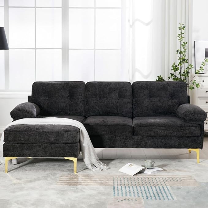 Black Sectional Sofa Cloud Couches, Modern L-Shaped Sofa Chaise Sleeper for Living Room, Convertible Sofa Couch with Cushion for Apartment Chenille
