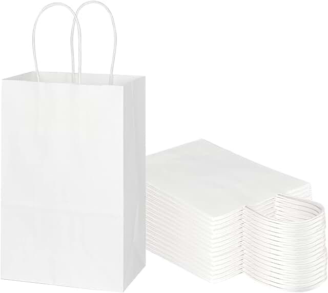 Customizable 5.25x3.25x8.37 White Kraft Paper Gem Gift or Retail Bags with Handles - Perfect Paper Bag with Handles for Small Business Bulk, Boutiques, Retail Vendors, Gifts, Thank You Bags, Groceries, Shopping, or Halloween Treats - 50 to 5000 Bags