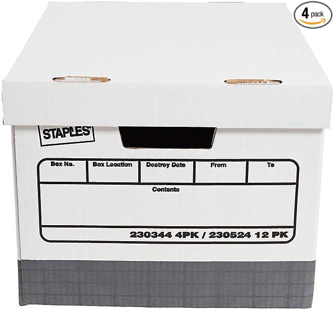 Staples Heavy-Duty Storage Boxes, Top Tab, Stacking Strength 850 lb, White/Gray, 9 3/4"H x 12"W x 15"D, 20