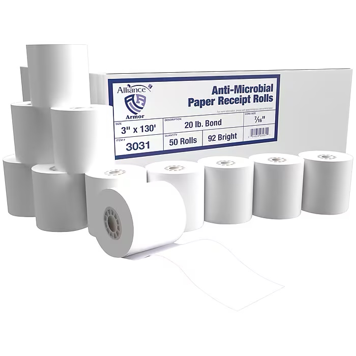 Receipt Paper Rolls 3 x 130 Alliance Armor Antimicrobial Bond  50 roll | case  white