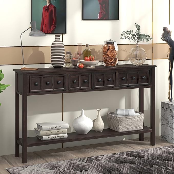 Polibi Entryway Console Table, Rustic 60" Long Sofa Table with Four Drawers and Open Style Bottom Storage Shelf, Entry Table for Living Room, Entryway and Hallway, Espresso
