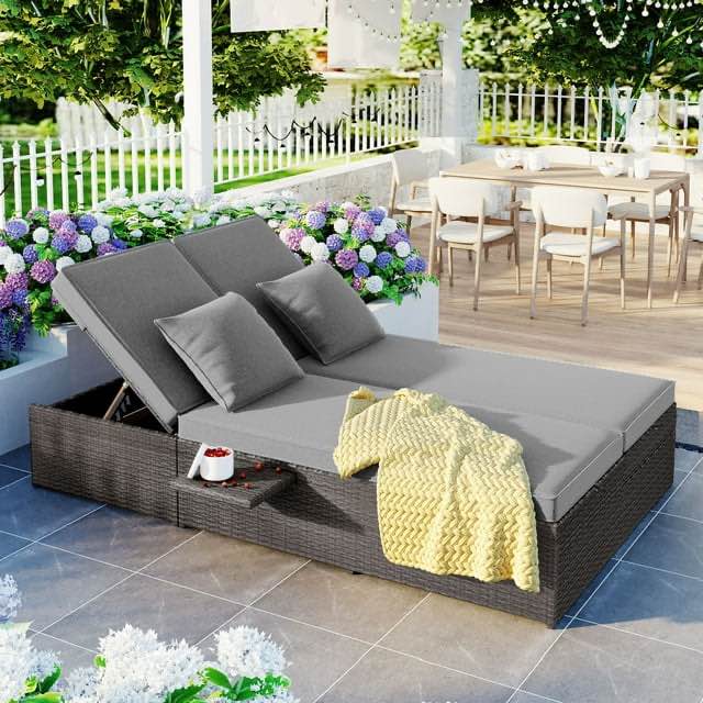Double Chaise Lounge with Adjustable Backrest and Seat, Double Daybed with Cushions Pillows and PE Wicker ,Patio Daybed with Cup Tray,(Different color )