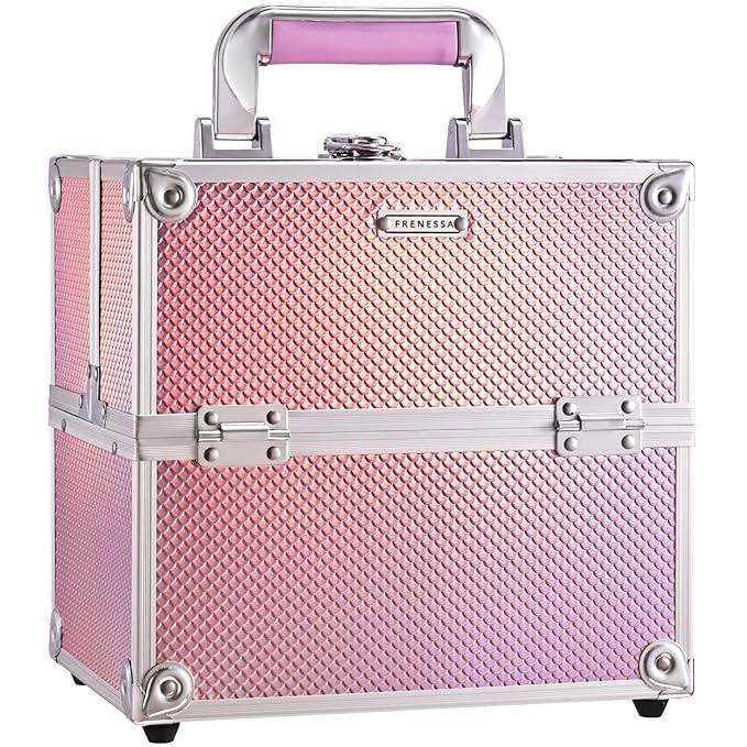 Frenessa Makeup Train Case Cosmetic Organizer Case Portable Travel Storage Box 4 trays with Dividers Lockable
