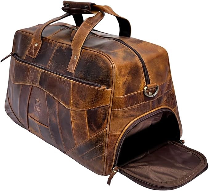 Leather Duffle Bags for Men - Valentines Day Gifts for him - Handmade Full Grain Leather Weekender Bag with 2 Shoe Compartment, Underseat Carry On Travel Luggage