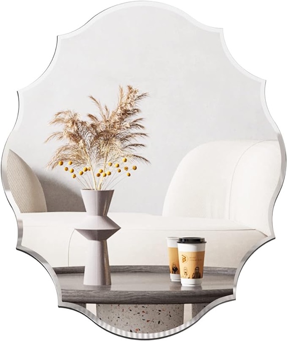 Muzilife 22x28 Scalloped Oval Wall Mirror Beveled Frameless Mirror Silver Wall Mirror with MDF Backplane for Bathroom, Vanity, Bedroom or Any Other Room in Your Home