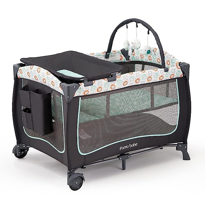 Pamo Babe Deluxe Nursery Center ,Portable Playard with Bassinet,Changing Table and Toy bar with Soft Toys(Blue)
