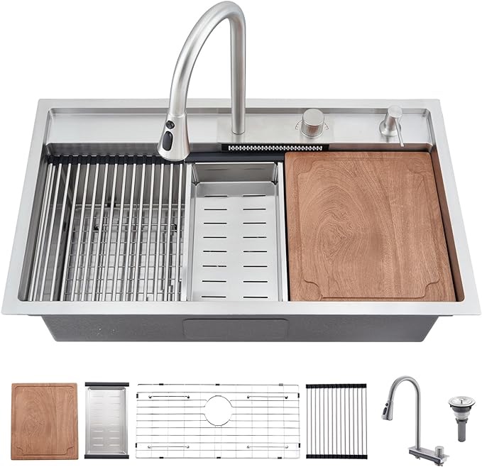 33 Inch Undermount Waterfall Kitchen Sink Workstation, BoomHoze 33x19 Undermount Workstation Sink 16 Gauge Multifunctional Dual Mount Single Bowl Stainless Steel Kitchen Sink with Faucet