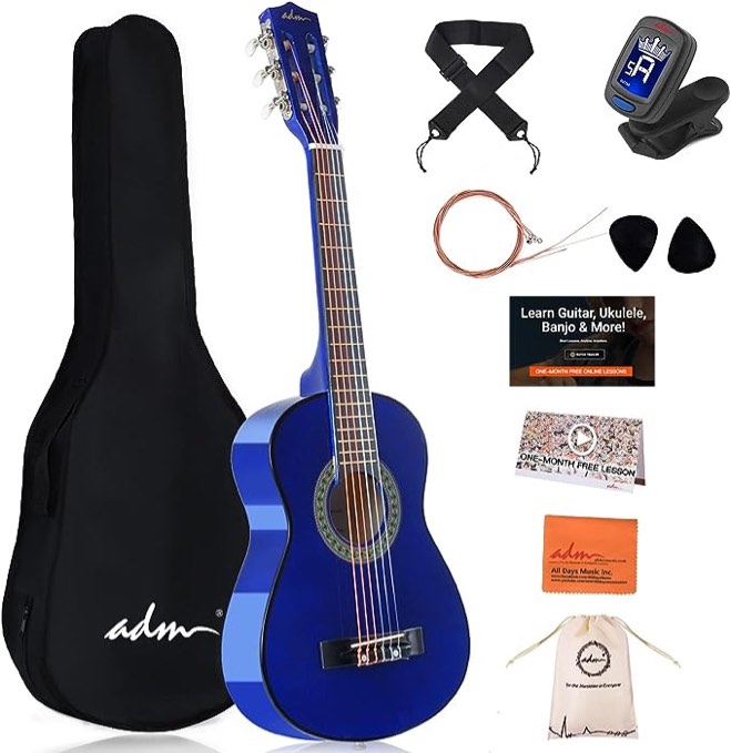 ADM Beginner Acoustic Classical Guitar 30 Inch Nylon Strings Wooden Guitar Bundle Kit for Kid Boy Girl Student Youth Guitarra Free Online Lessons with Gig Bag, Strap, Tuner, Extra Strings, Picks,Blue