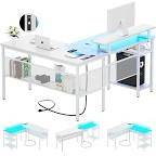 iSunirm L Shaped Desk, 55 Inch Reversible Computer Desk with Magic Power Outlet and Cool LED Light, Sturdy Corner Office Desk with Economic Monitor Stand, Gaming Table, Attractive Grid Design, White L Shaped Desk White