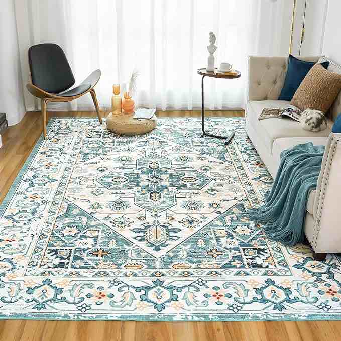 VK VK·LIVING Machine Washable Rug 8'x10' Vintage Design Washable Area Rugs with Non Slip Rugs for Living Room Bedroom Traditional Woven Rug Carpet Stain Resistant Home Decor Office Boho Rug (Green)