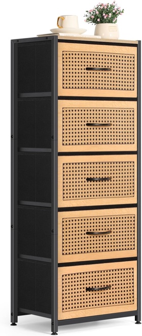 LIANTRAL Dresser for Bedroom, 5 Fabric Storage Drawer Organizer Units for Closet Living Room Hallway Entryway, Tall Chest of Drawers Tower, Sturdy Steel Frame, Wood Top