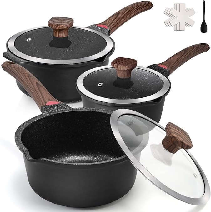 VINCHEF Sauce Pan Set with Lid 10PCS, 2QT+3QT+4QT Non Stick Sauce Pots Cooking Induction Pot set, Silicone Tools and Pot Protectors, PFAS and PFOA Free Black