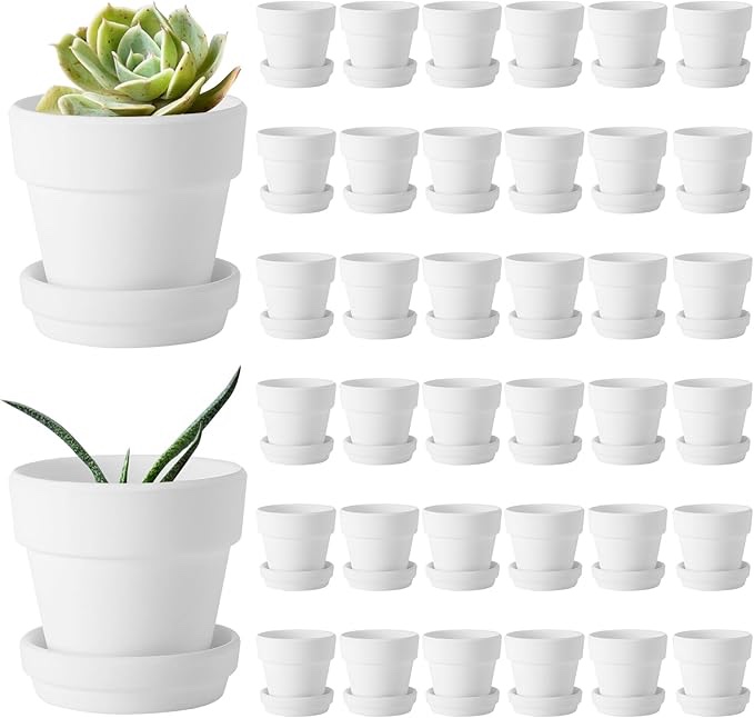 Lallisa 36 Pieces 3 Inch Mini Terracotta Pots with Saucers and Drainage Hole White Paintable Pottery Small Clay Pots for Crafts Mini Planters for Succulents Cactus Flowers Garden Crafts Wedding Decor