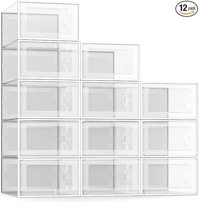 SEE SPRING Large 12 Pack Shoe Storage Box, Clear Plastic Stackable Shoe Organizer for Closet, Space Saving Foldable Shoe Rack Sneaker Container Bin Holder