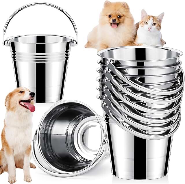 10 Pcs Dog Stainless Steel Bucket Heavy Duty Water Bucket for Dogs Metal Bucket with Handle Small Metal Pail for Pet Cat Puppy Food and Water Storage Milking Goats Small Animals (6.3 Quart)