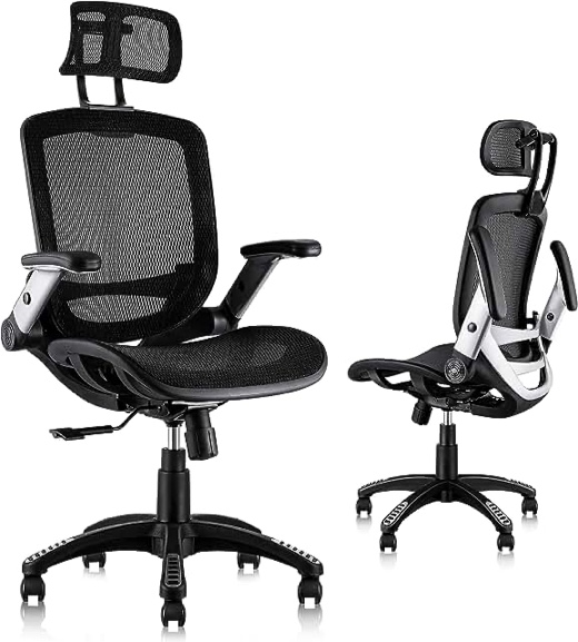 GABRYLLY Ergonomic Mesh Office Chair, High Back Desk Chair - Adjustable Headrest with Flip-Up Arms, Tilt Function, Lumbar Support and PU Wheels, Swivel Computer Task Chair