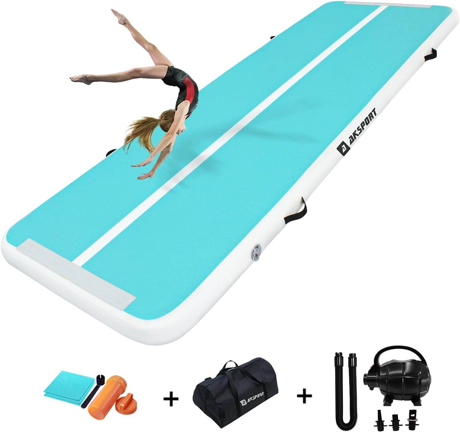 AKSPORT Air Mat Tumble Track Gymnastics Tumbling Mat Inflatable Floor Mats with Electric Air Pump for Home Use/Tumble/Gym/Training/Cheerleading/Parkour/Beach/Park/Water(Mint green,20)