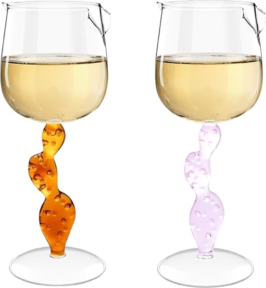 REGAL TRUNK Wine Glasses - 2 Pack Cactus Shaped Glass 8.5oz - 3D Rose Design with Elegant Stem - HQ Borosilicate Glass, Lead-Free -Unique Gift Idea Colored Wine Glasses - Orange and Pink