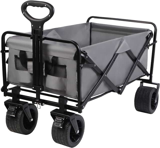 Folding Wagon Cart with Big Wheels up to 400lbs, Collapsible Beach Garden Wagon Cart Heavy Duty for Outdoor Camping Utility Grocery, Large Capacity, All-Terrain Silent Universal Wheels, Brakes&Pockets