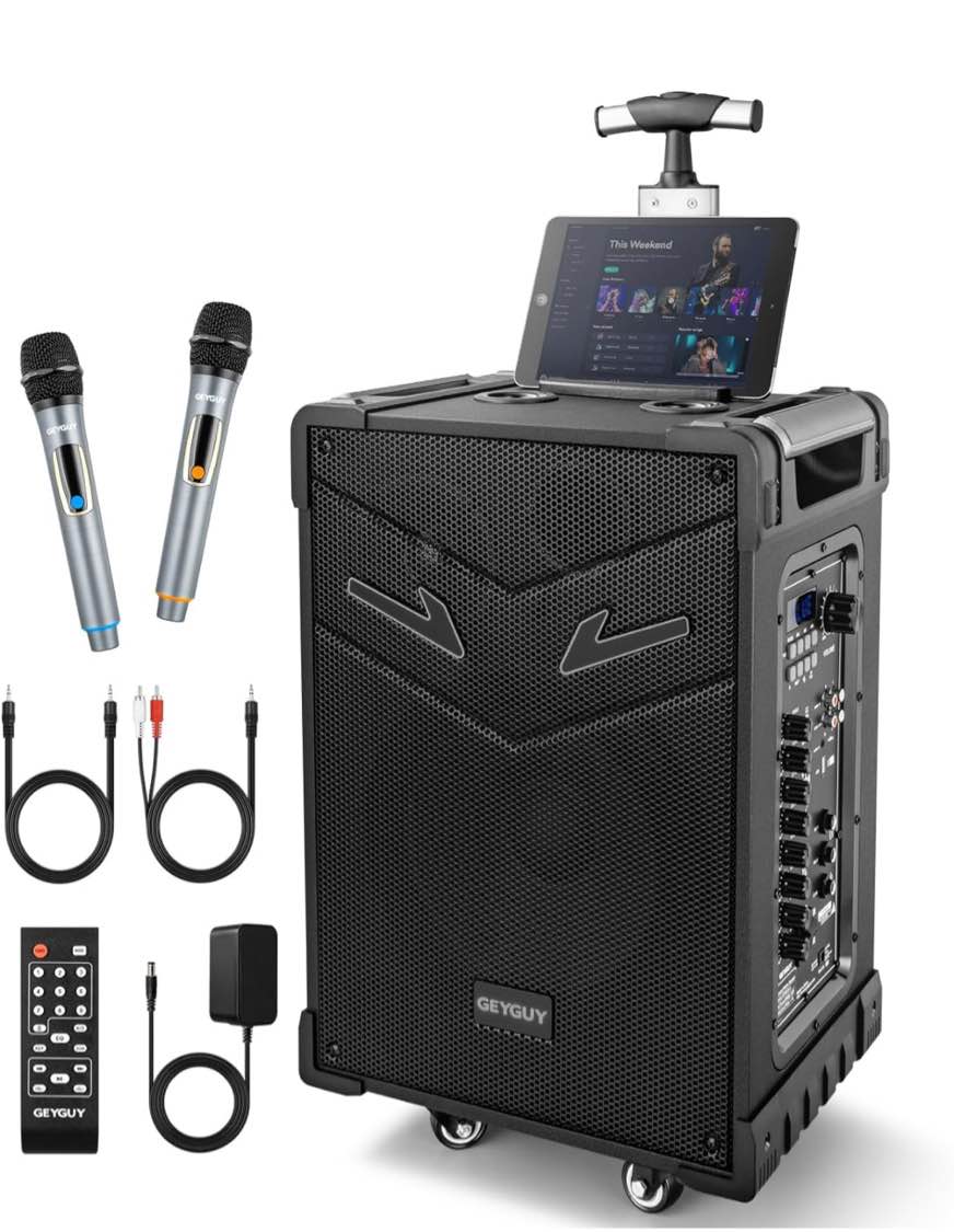 GTSK10-3 3-Way Portable PA System with Wireless Microphones,10'' subwoofer Bluetooth Karaoke Machine, Rechargeable Speaker Support TWS/USB/FM/Guitar Input