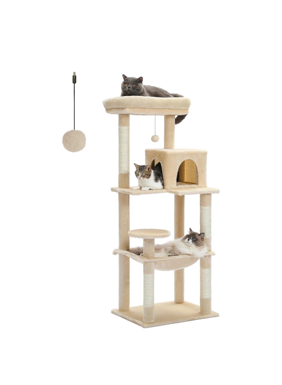 PETEPELA 45.7" Cat Tree for Indoor Cats, 5-Level Cat Tower for Large Cats with Metal Frame Large Hammock (17.3"x15.3"), Cat Condo with (18.5"x13") Big Top Perch & 4 Sisal Covered Scratching Post Beige