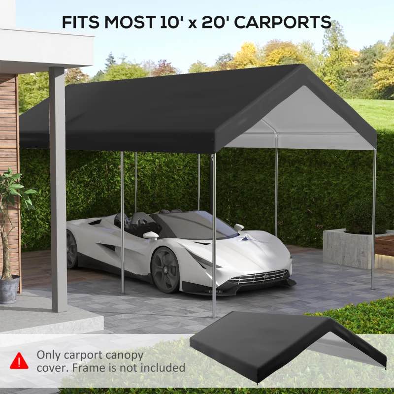 Outsunny 19.7' x 9.7' Carport Replacement Canopy, UV Resistant Garage Car Cover with Ball Bungee Cords, Dark Gray
