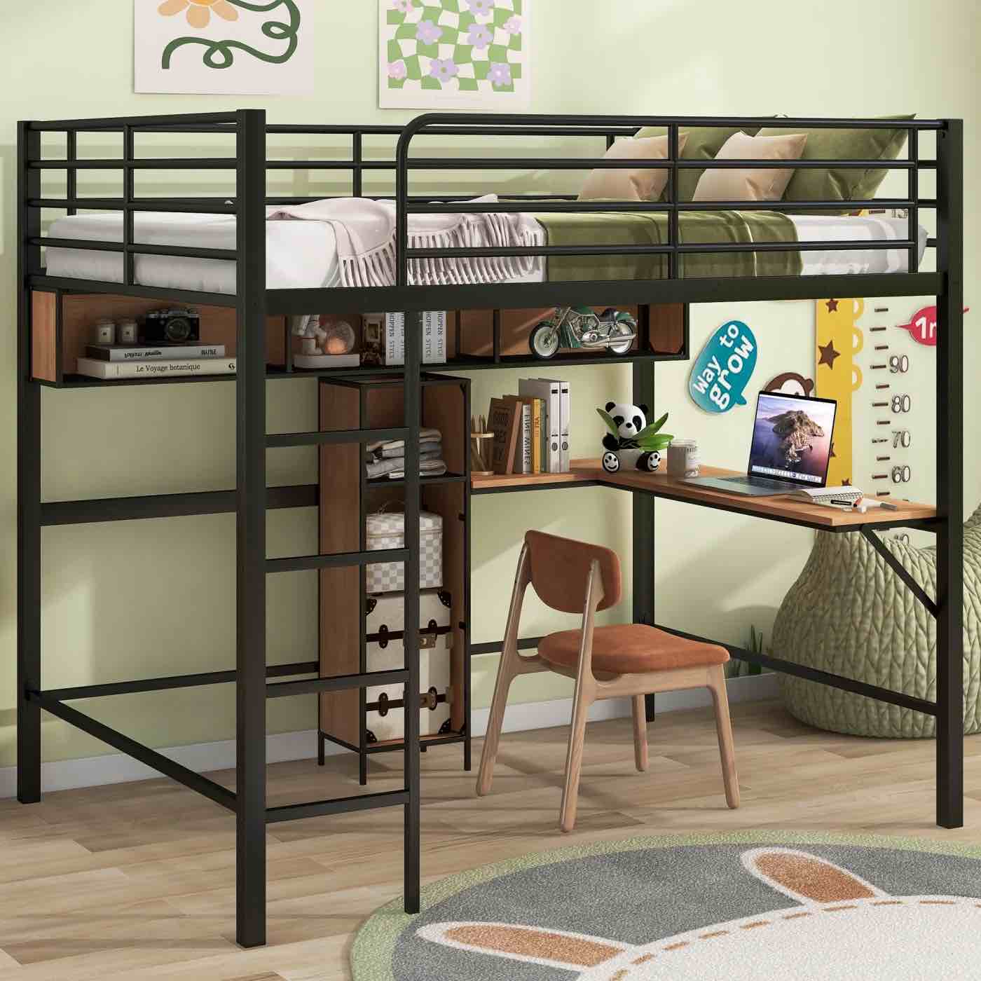 (incomplete box 2 of 2)Sturdy Full Size Metal & Wood Loft Bed with L-Shaped Desk and Shelves - Space-Saving Design, Safety Guardrail, and Black/Brown Finish