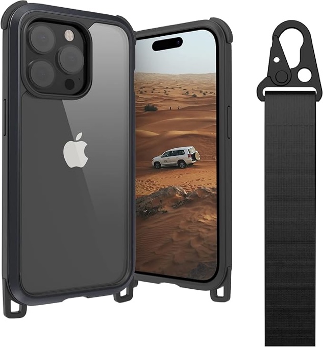 MAGEASY Rugged iPhone 14 Pro Protective Case with Strap 6.1" - 16ft Drop Tested Protective iPhone 14 Pro Case with Crossbody Lanyard - Odyssey+ (6.1", 3 Lens) (Metal Frame, Mystery Black)