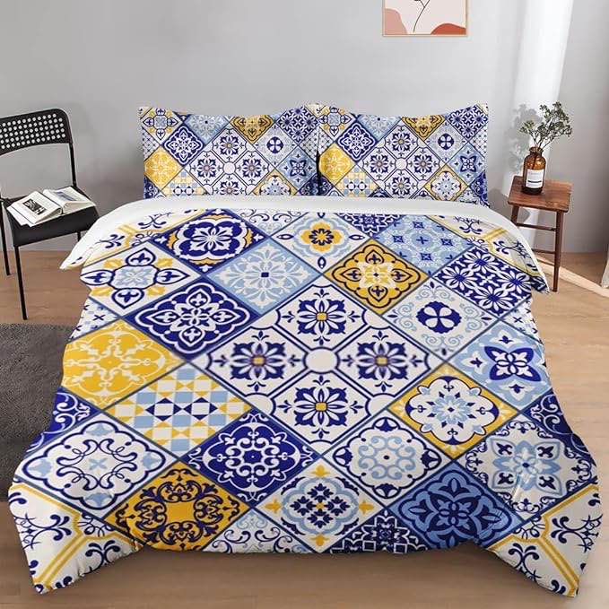 Duvet Cover Set, Colorful Turkish Talavera Spanish Bedding Set for Kids and Adults Bedroom Decor, Mexican Vintage Yellow Quilt Cover Set Queen Size Comforter Cover with Pillow Shams