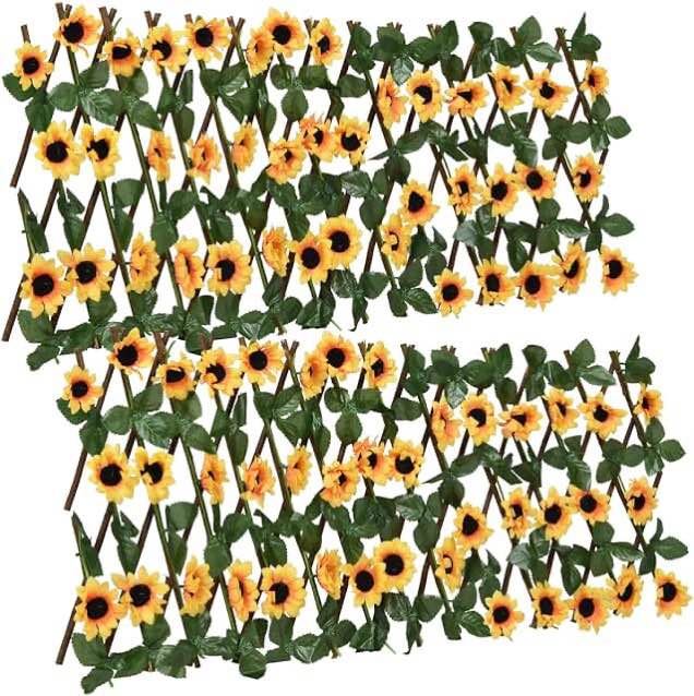 DearHouse 2Pack Fence Privacy Screen, Artificial Leaf Faux Sunflower Expandable/Stretchable Privacy Fence for Balcony Patio Outdoor,Decorative Faux Sunflower Fencing Panel (15.7 Inch)
