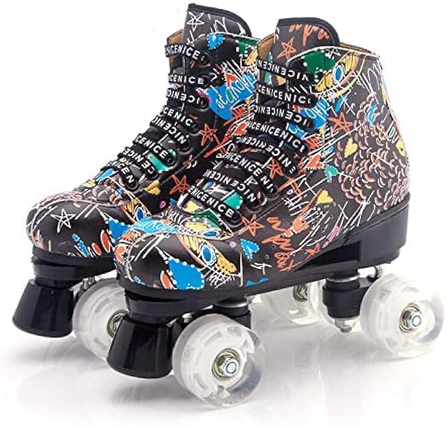 Youth Roller Skates for Women Men Graffiti Freestyle Quad Rink Skate Shoes Black Pattern with Light up Wheels 8 M US Women