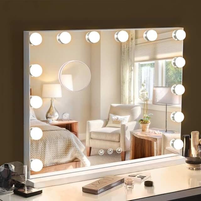 Hansong Vanity Mirror with Lights Hollywood Makeup Mirror with 14 Dimmable LED Bulbs for Bedroom Hollywood Mirror with Smart Touch Control Tabletop Mirror or Wall Mounted White