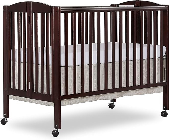 Dream On Me Full Size 2-in-1 Folding Stationary Side Crib in Espresso, Locking Wheels, Folds Flat for Storage, Comes with Teething Guard, Non-Toxic Finish Espresso Contemporary